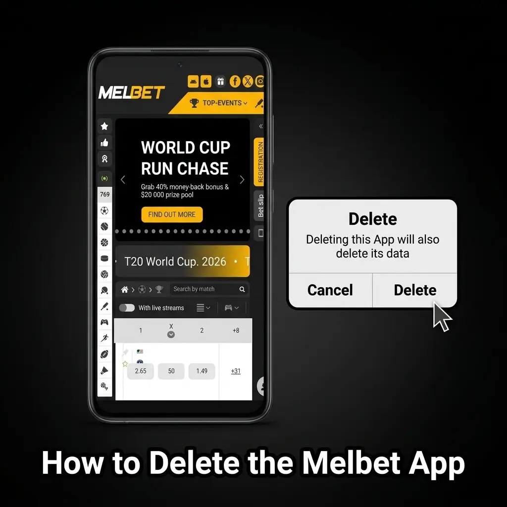 Steps to delete and uninstall the Melbet app from an Android device via settings or home screen