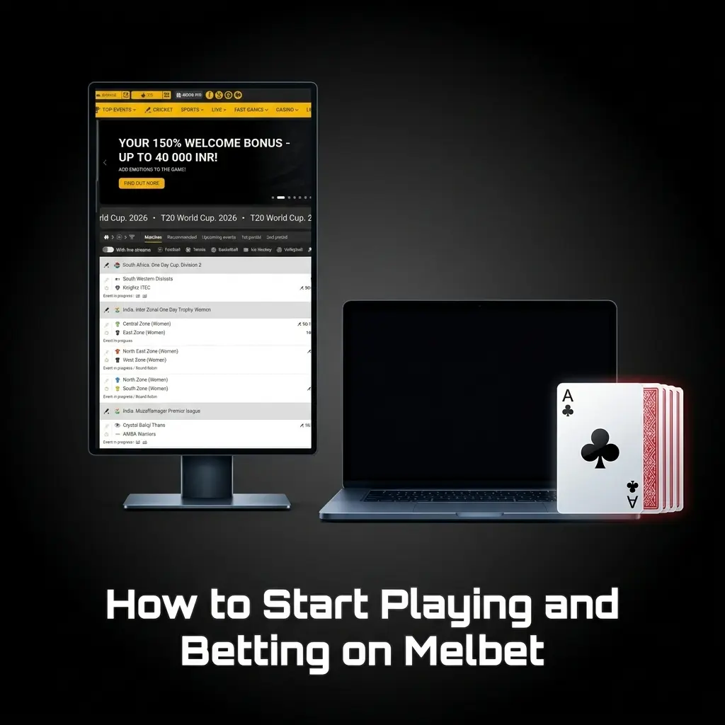 Step-by-step Melbet registration guide showing account setup, KYC verification, UPI deposit, and claiming 150% welcome bonus India
