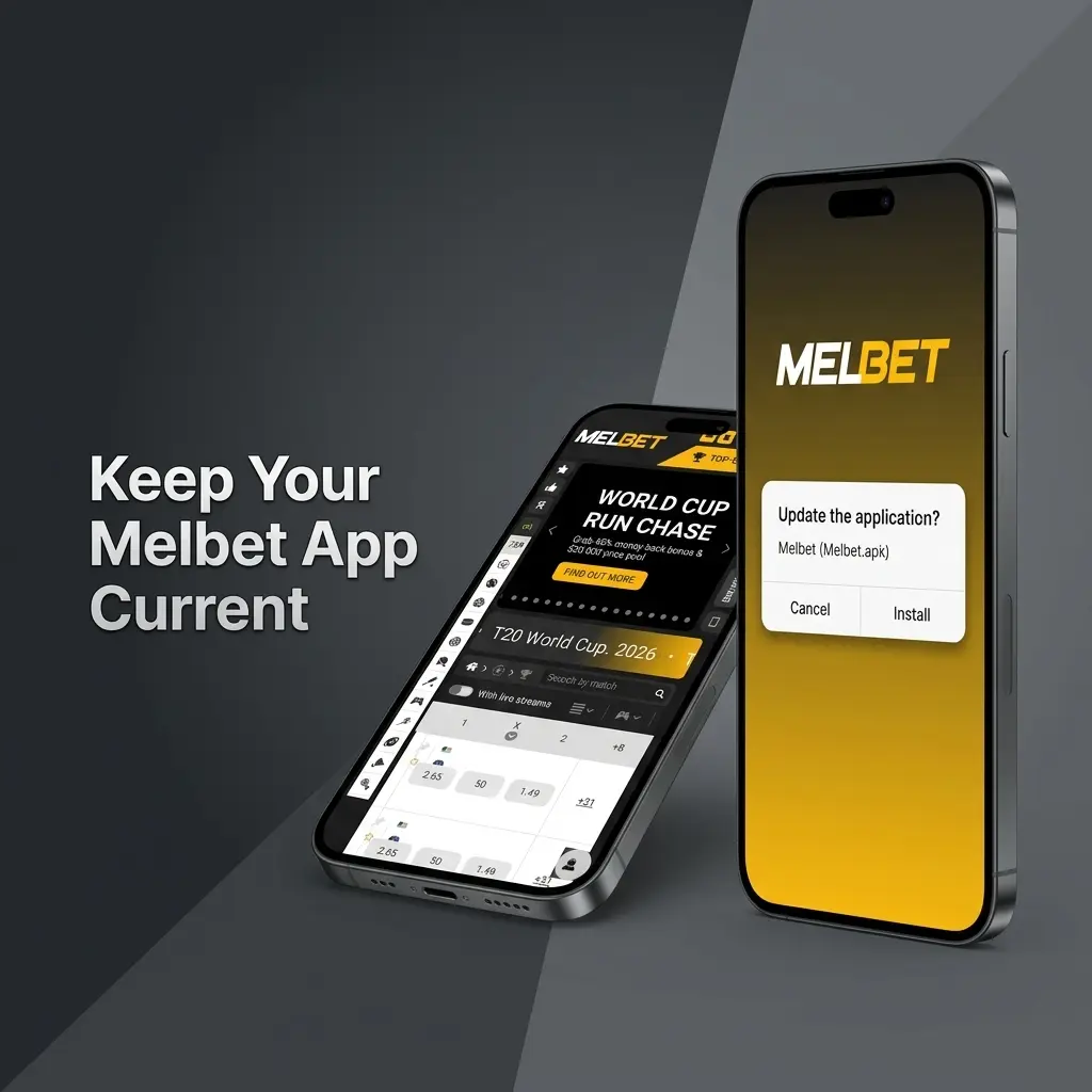 Melbet app update screen showing latest version with improved performance, security fixes, and new casino games available