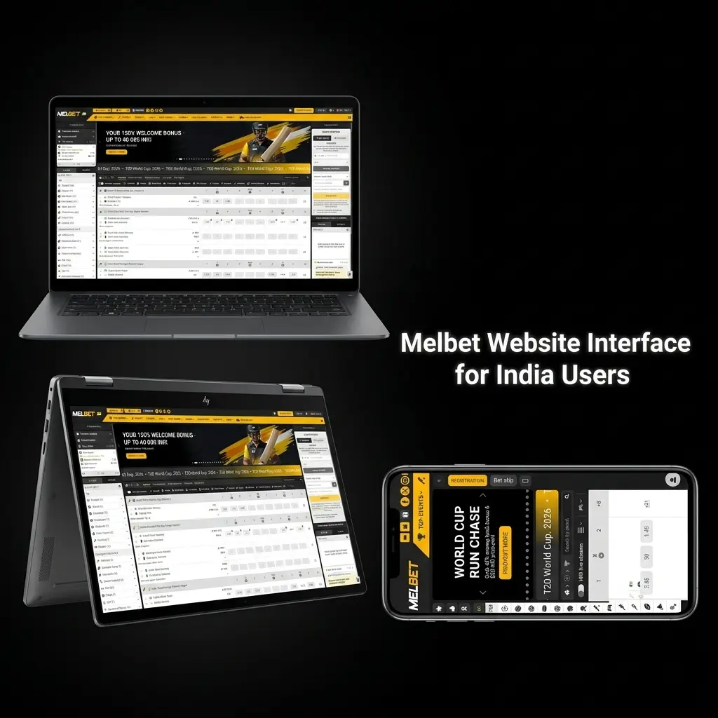 Melbet official website interface showing top navigation bar with sports, casino, live betting and promotions sections for India users